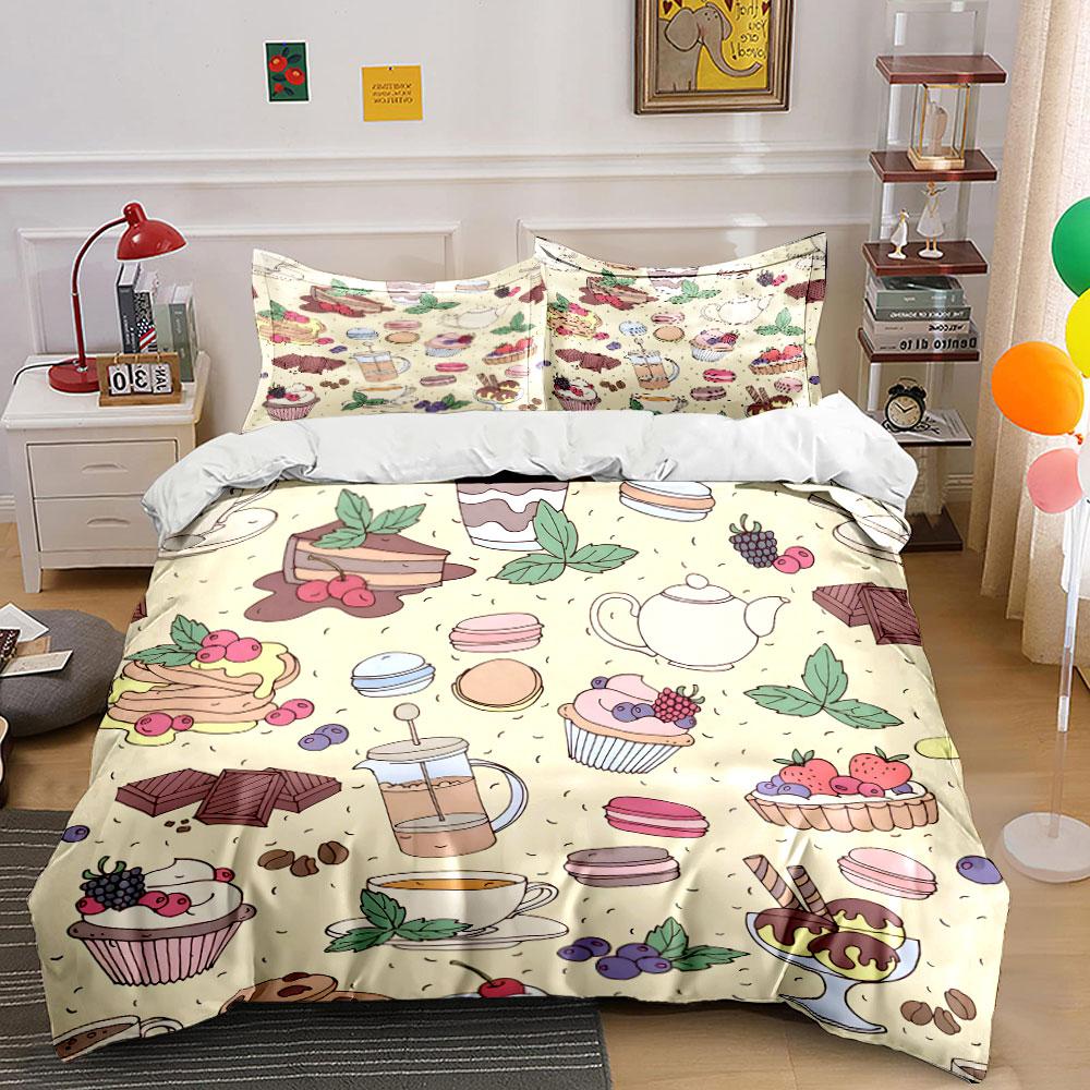 Desserts and Beverages Pattern Bedding Duvet Cover Set (1*Duvet Cover 2*Pillowcases, Without Duvet Insert)