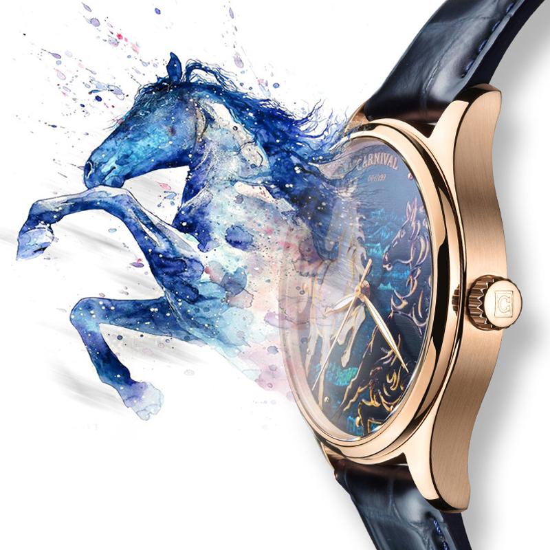 CARNIVAL 3D Horse Dial Waterproof Automatic Watches Sport Miyota Mechanical Watch Men Sapphire Crystal Reloj Hombre