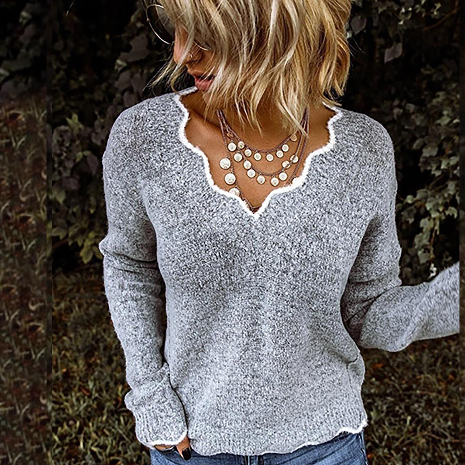 

Женские вязаные свитера с v-образным вырезом, пуловеры, топы, женский однотонный повседневный джемпер, осень-зима, женский с длинным рукавом L серый