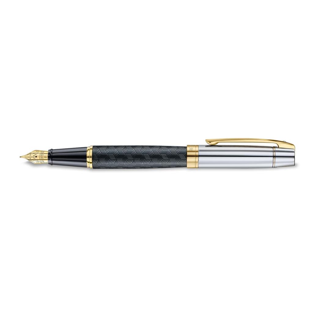 Sheaffer 300 Fountain Pen E9347 Engraved Matte Black Barrel with Polished Chrome Cap and PVD Gold Trim Fine Nib Premium Fountain Pen