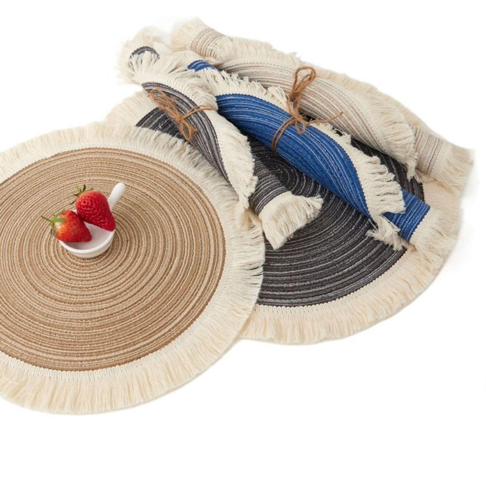 Nordic Style Dinner Placemat Tassel Woven Cup Mat Vase Pad Round Ramie Placemat  Dining Table
