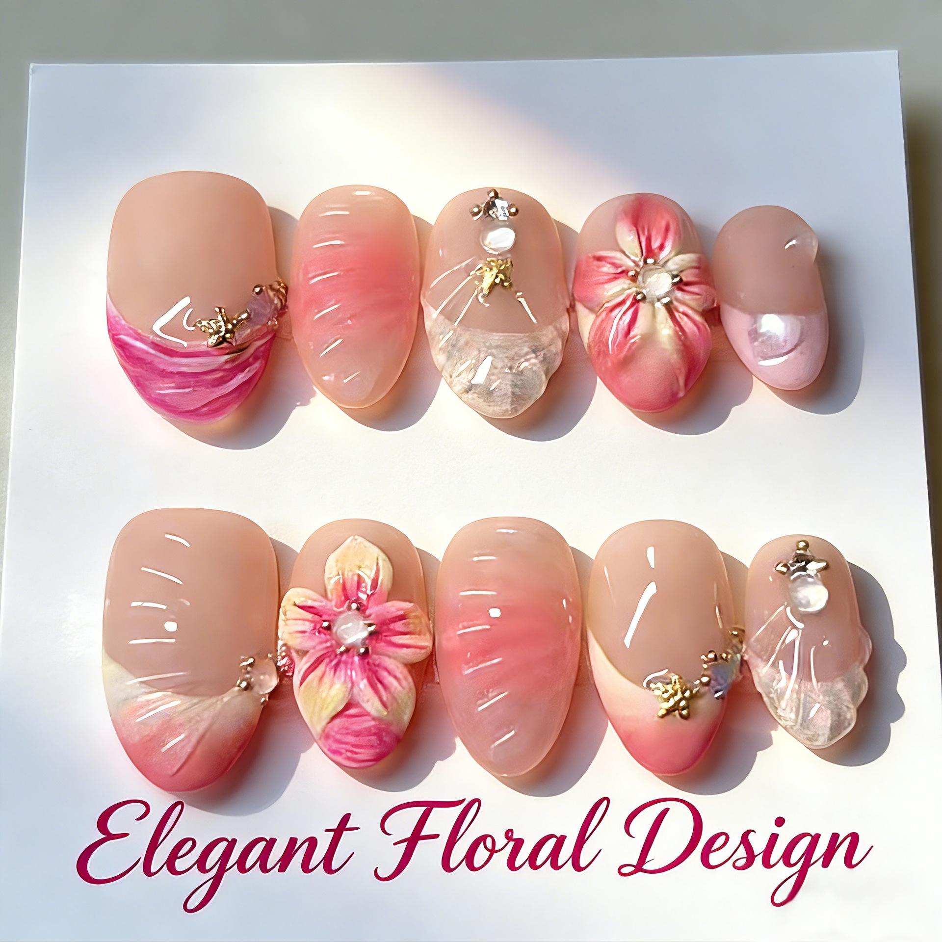 30 Pieces of Red Smudge 3d Three-dimensional Flower Almond Wearing Armor Handmade Pearl Blush French Manicure
