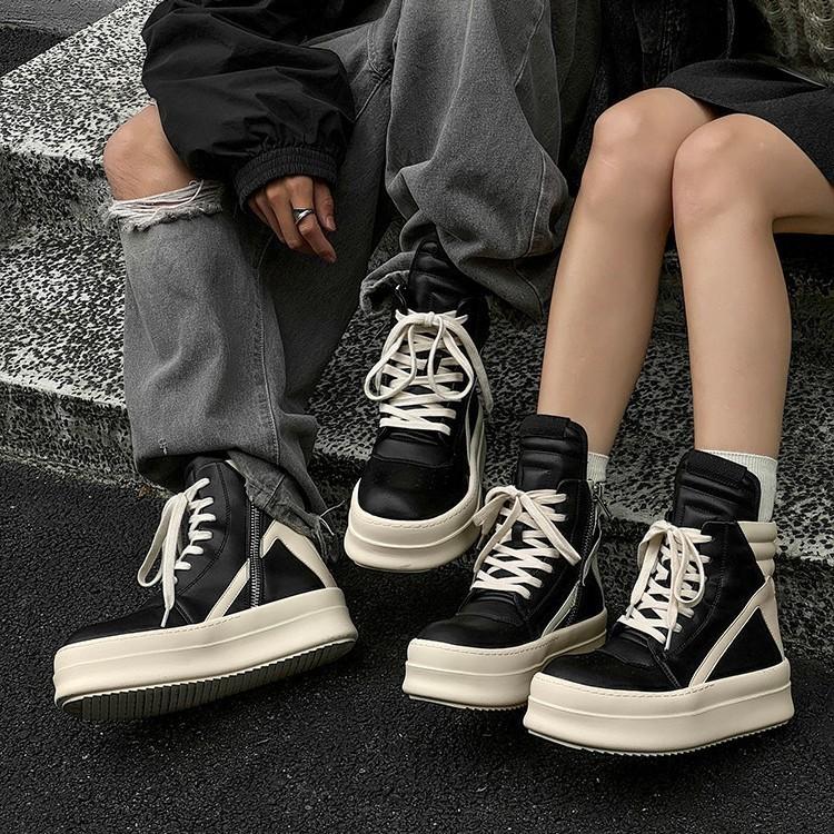 Inverted Triangle Platform High-top Board Shoes Women's Leather Couple Dark Black Heightening Locomotive Martin Boots Women