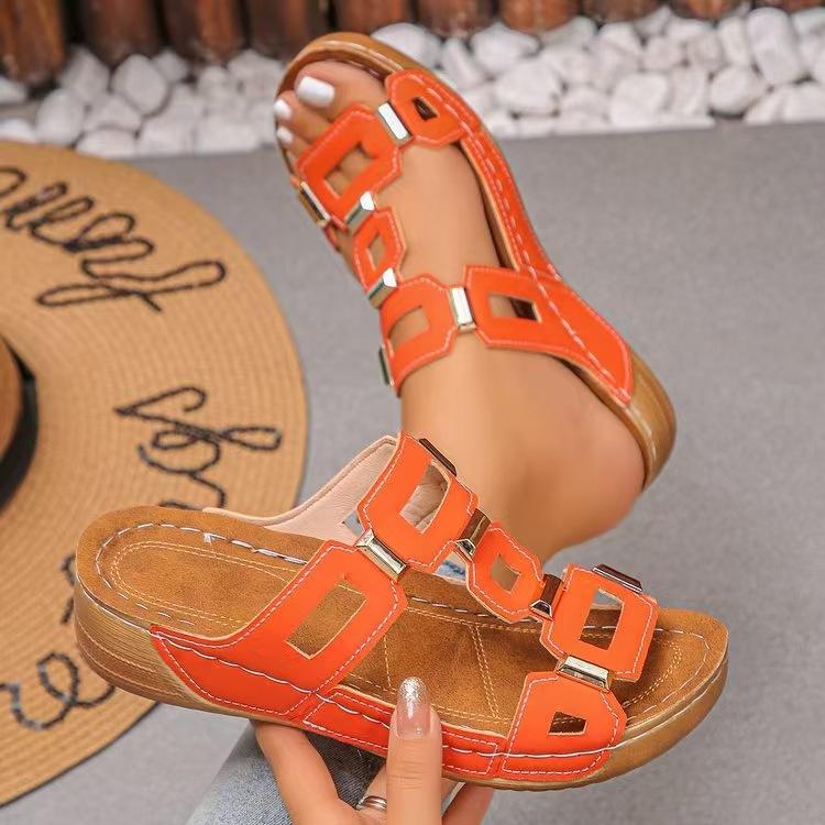 South East Asia Foreign Trade Summer Metal Hollow Thick Bottom Fashion Fish Mouth Slope Heel Solid Color Large Size T Slippers