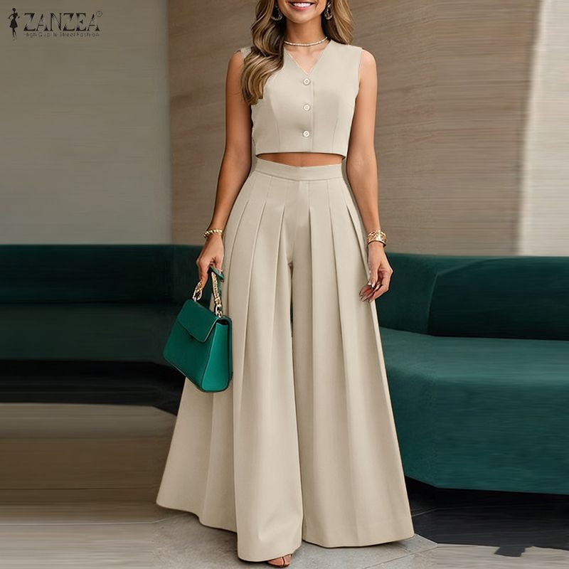 ZANZEA Women Sleeveless Vest Tops and Wide Leg Pants Casual Two Piece Suit Sets