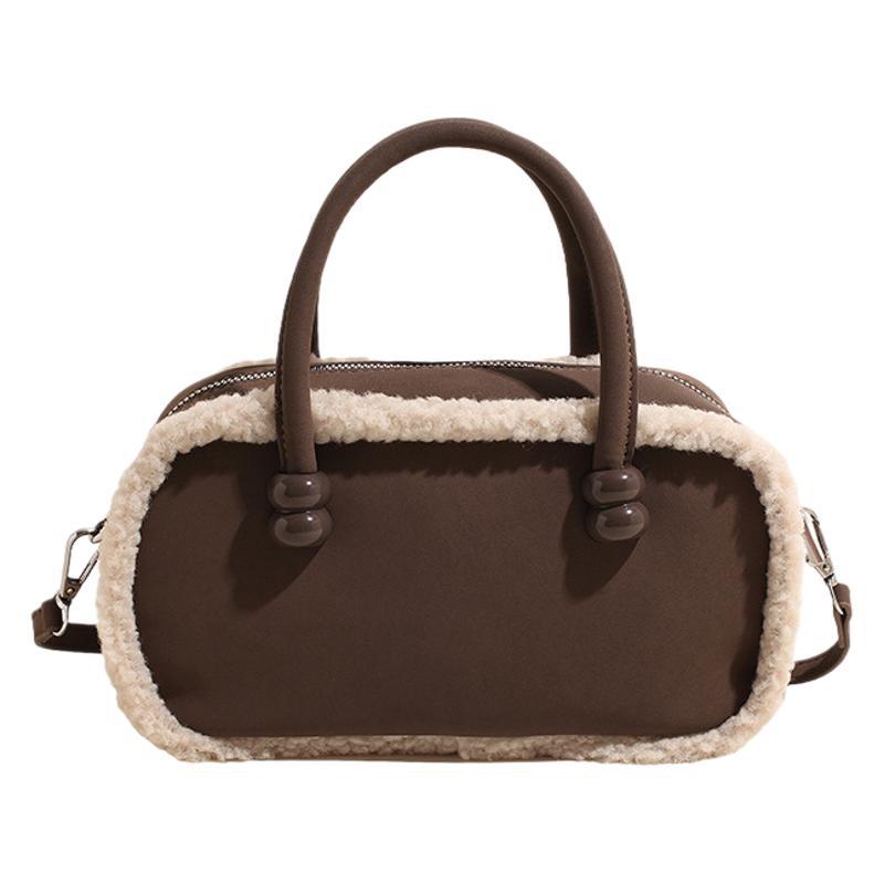 2025 New Versatile Retro Bowling Niche Design Handbag Lamb Wool Splicing Bag Women