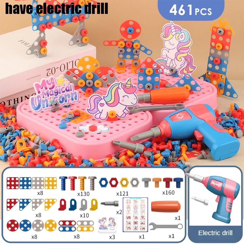 Ungiftige 3D-Puzzle-Spielzeuge Rollenspiel Werkzeugkasten Bohren Montage Lernspielzeug Kinderspielzeug Werkzeugkasten Elektrischer Bohrer Schraube Mutter