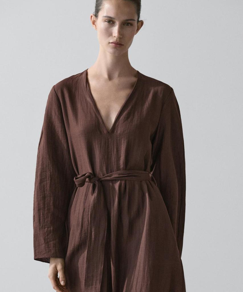Masimodutti Belt Detail Linen Fluid Knee-Length Dress