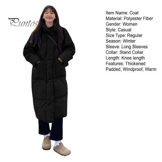 Solid Color Cotton Jacket Winter Down Coat Thickened Padded Stand Collar Neck Protection Knee Length Pockets Women Cold Weather Zipper Closure