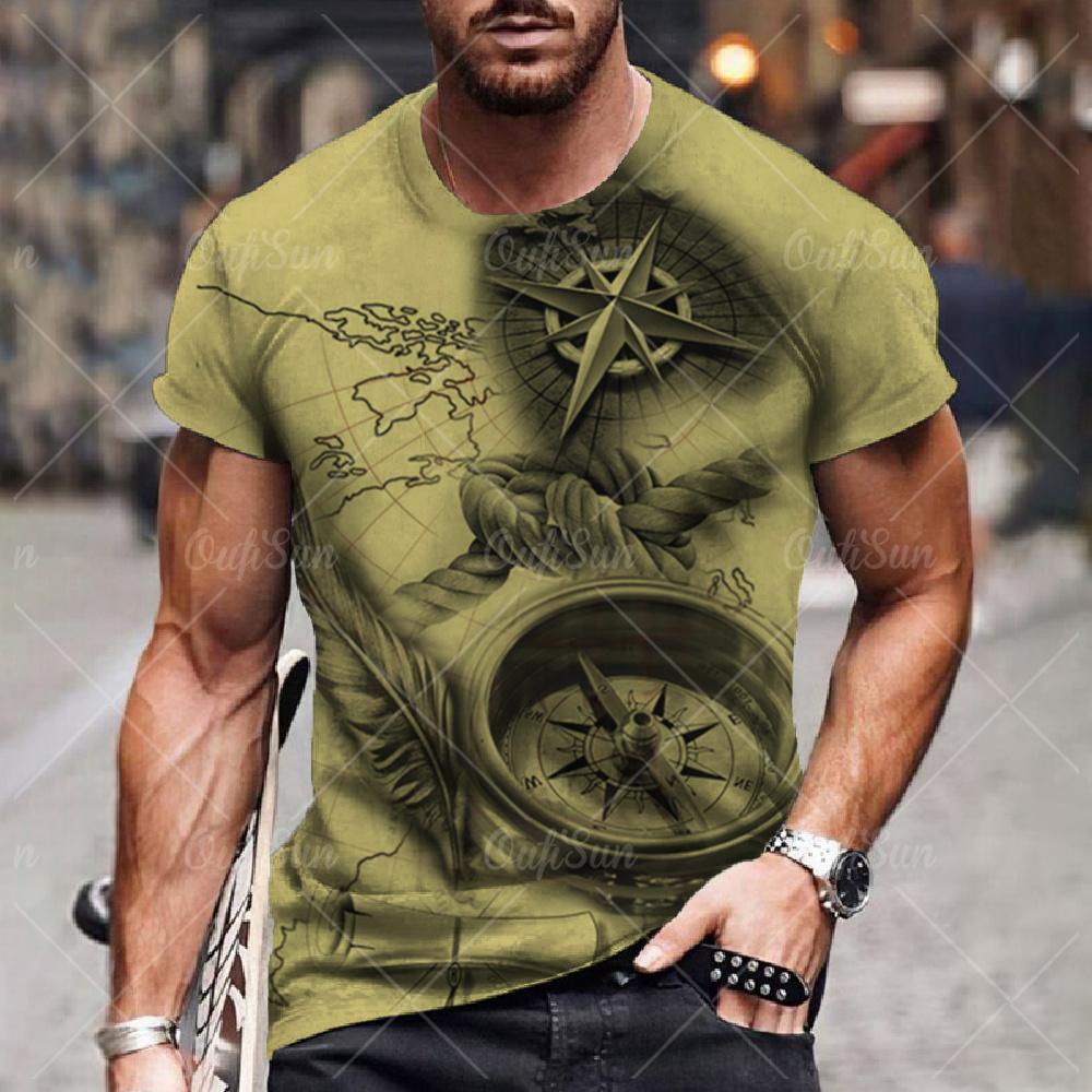 T-shirt imprimé boussole vintage pour hommes, chemise à manches courtes, hauts nautiques, sweat-shirt à col rond d'été, vêtements de créateur quotidiens pour hommes