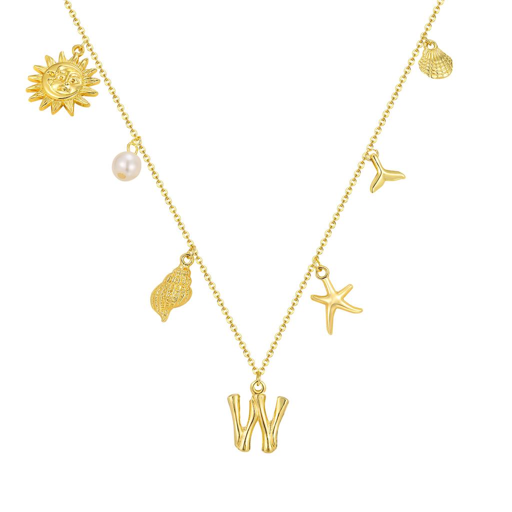 Initial Charms Necklace for Women, Boho Seashell Starfish Beach Letter A-Z Pendant, Summer Beach Vacation Jewelry