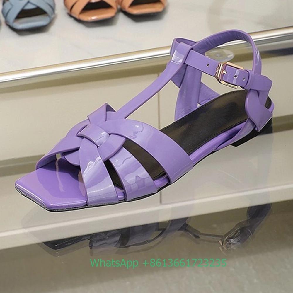 Fashion Women Cross Straps Square Toe Flat with Sandals Solid Color Open Toe Real Patent Leather Flat Sandales 2025 Newest Summer Sandal