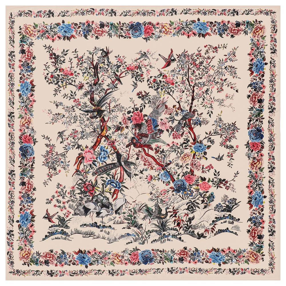 Lenço de Seda de Luxo Estampado com Pássaros e Flores de Rosa 130cm*130cm para Mulheres Faixa de Cabeça Lenços Quadrados Grandes de Alta Qualidade Xales Femininos de Sarja