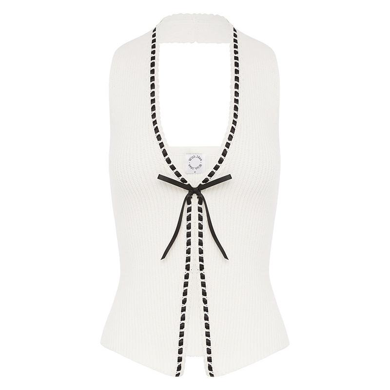Women White Ribbed Knit Halter Crop Top Front Tie Contrast Trim Sleeveless Slim Cami S белый
