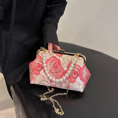 Chinese Cheongsam Style Women's Bag  Crossbody Shoulder Bag  Chain Beads  Embroidered Flower Pattern  New