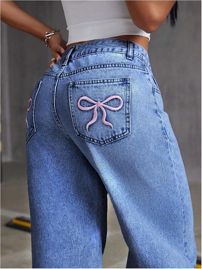

Women s Y2K High Waist Bow Embroidery Straight Leg Jeans - Loose, Long, and Slimming XL темно-синього кольору
