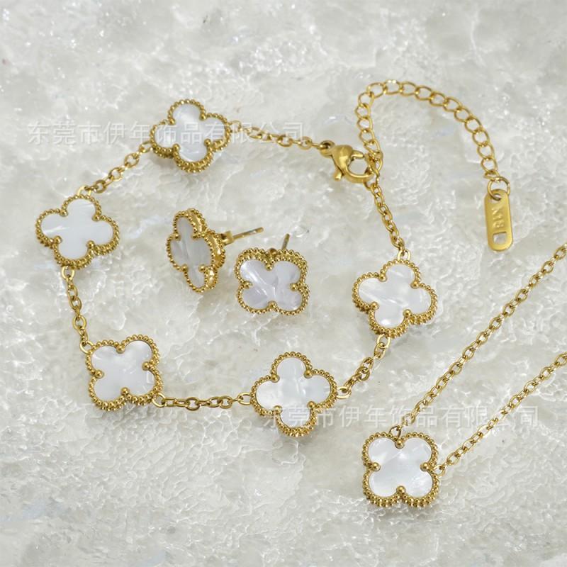 13mm Stainless Steel Clover Jewelry Set Necklace Bracelet Earrings Women Fashion Floral