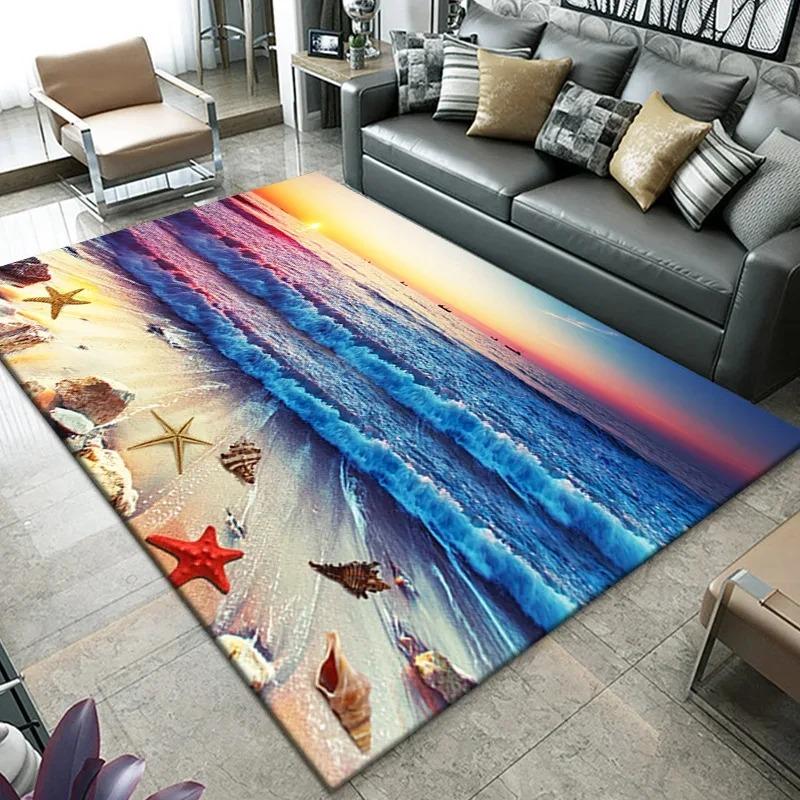 3D Beach Sea Waves Pattern Carpet Door Floor Mat Fish Doormat Non-slip Floor Mat Living Room Rug Home Room Bedroom Decoration