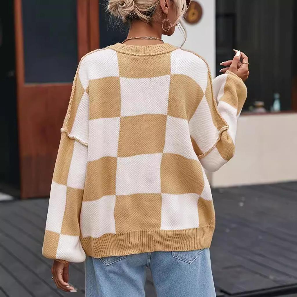 2024 New Autumn/Winter Plaid Round Neck Sweater for Europe & America