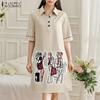 ZANZEA Women Classic Collar Loose Casual 3/4 Sleeve Print Shirt Dress