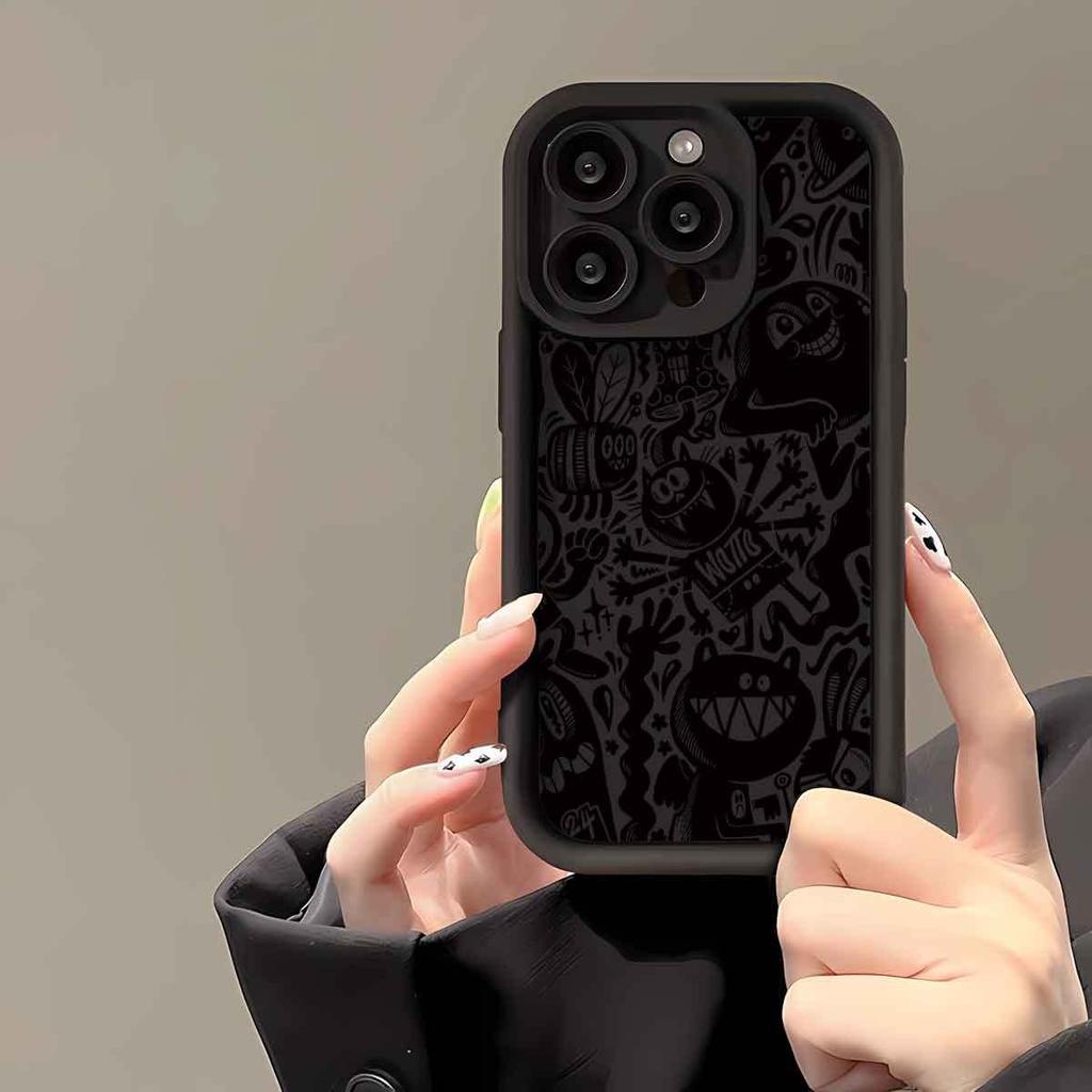 Strange Black Cartoon Pattern Durable Phone Case, Suitable for iPhone 17, 16, 15, Plus, Pro, Max Series Phones - Can Be Used As