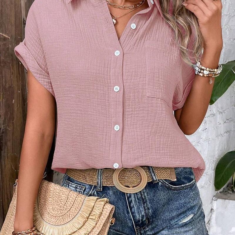 Women's Cotton Shirt Short Sleeve Button Front Turn Down Collar Loose Fit Blouse