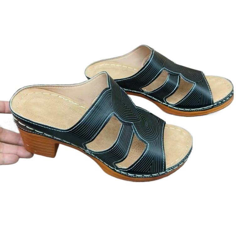 Fashion 2025 Summer New Plus Size Women’s Slippers Round Toe Sewing Chunky Heels Slippers for Outdoor Comfortable Daily & Casual Sandal