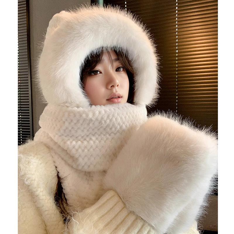 New solid color women's scarf, hat and gloves integrated three-piece set, warm and thickened, cute ears, plush and cold-proof.