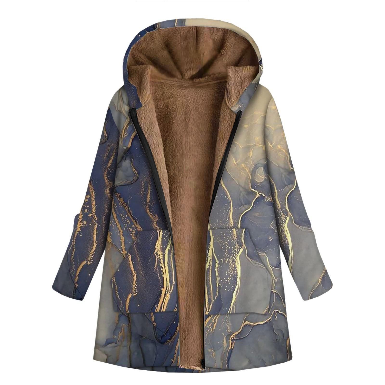 

Женское повседневное пальто с длинными рукавами и длинными рукавами с крупным принтом на молнии и плюшевым капюшоном с карманами