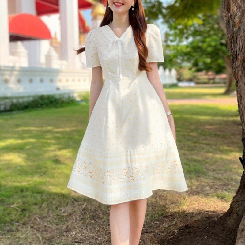 

ZANZEA Женское повседневное летнее платье с V-образным вырезом и коротким рукавом с принтом S бежевый