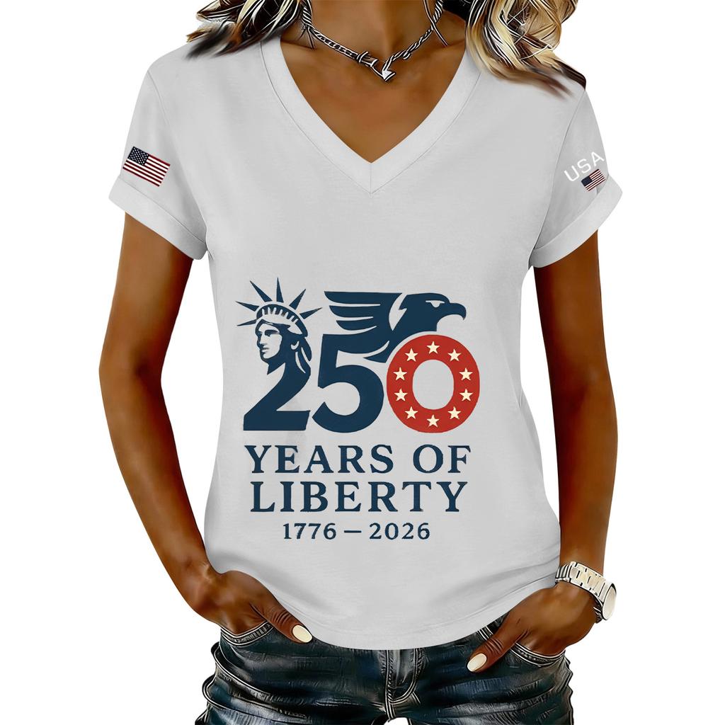 Women’s Fashion V Neck Short Sleeve Tee Casual Letter Print Top 250 Years of 1776 2026 Anniversary Shirt