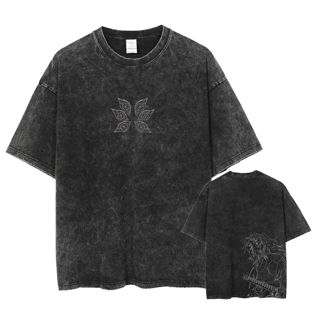 Harajuku Demon Slayer Tshirt Kokushibo Manga T Shirt Washed Cotton T-shirt For Men Women Clothing Summer Short Sleeves Tees Tops