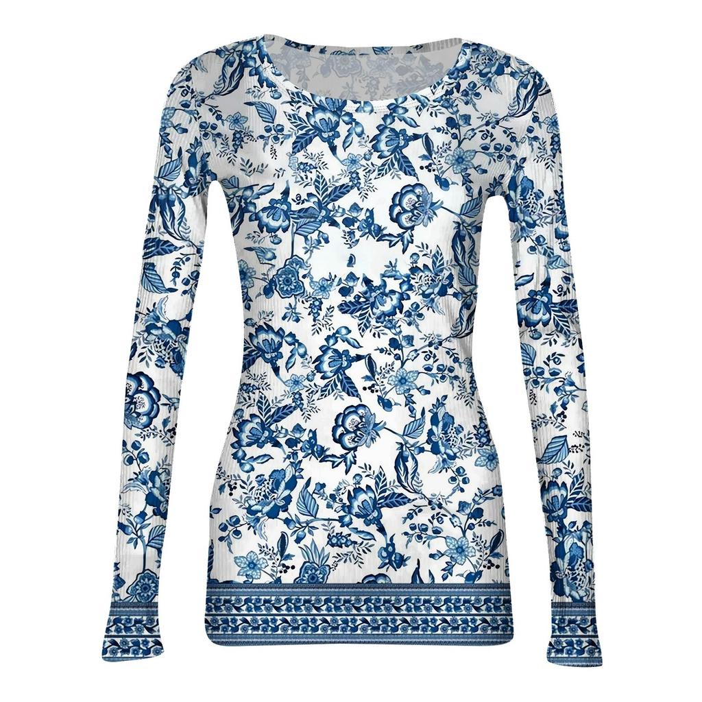 Women's Slim Bottom T-shirt Fashion Casual Gradient Printing Round Neck Pullover Long Sleeve Top