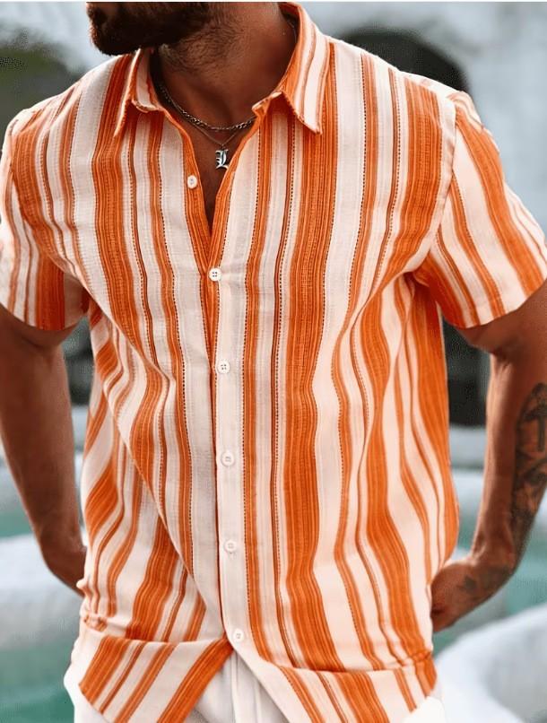 Mens Casual Loose Striped Short Sleeve Lapel Shirt