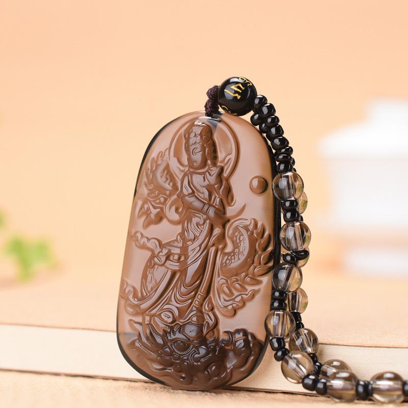 

Natural Ice Obsidian Jade Pendant W/ Beads Cord Necklace Buddha Guan Yin Charm