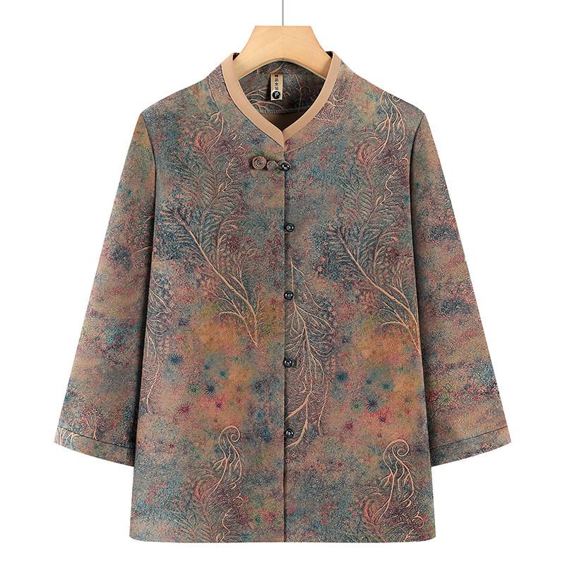 

Spring/Summer Printed Stand Collar Shirt with Seven-Sleeve Design for Middle-Aged and Elderly Women 3XL - Fits 120-135 lbs синий