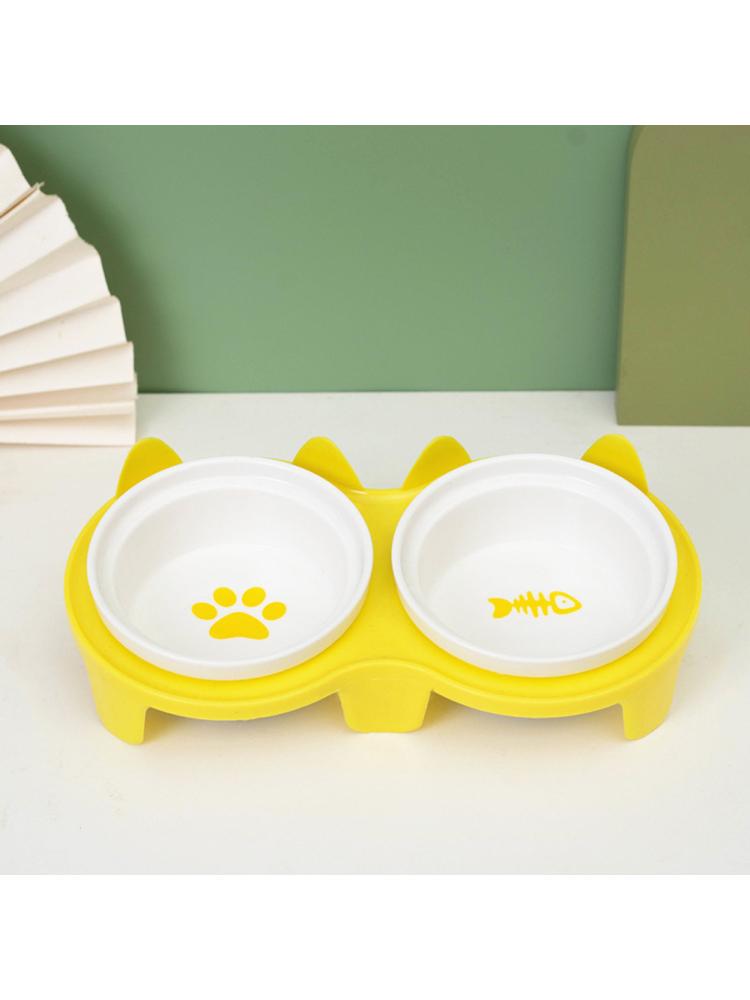 Cat Ceramic Double Bowls 300ml Large Capacity Non-slip Food Dishes With Plastic Rack For Indoor Cats