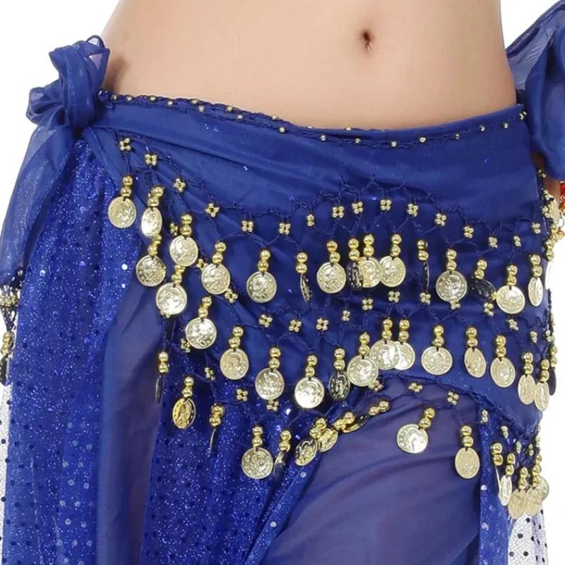 Belly Dance Belts 3 Row Belt Gold Tone Coins Belt Women 140cm Sequins Tassels Chiffon Hip Scarf Accessories for Bellydance Belts
