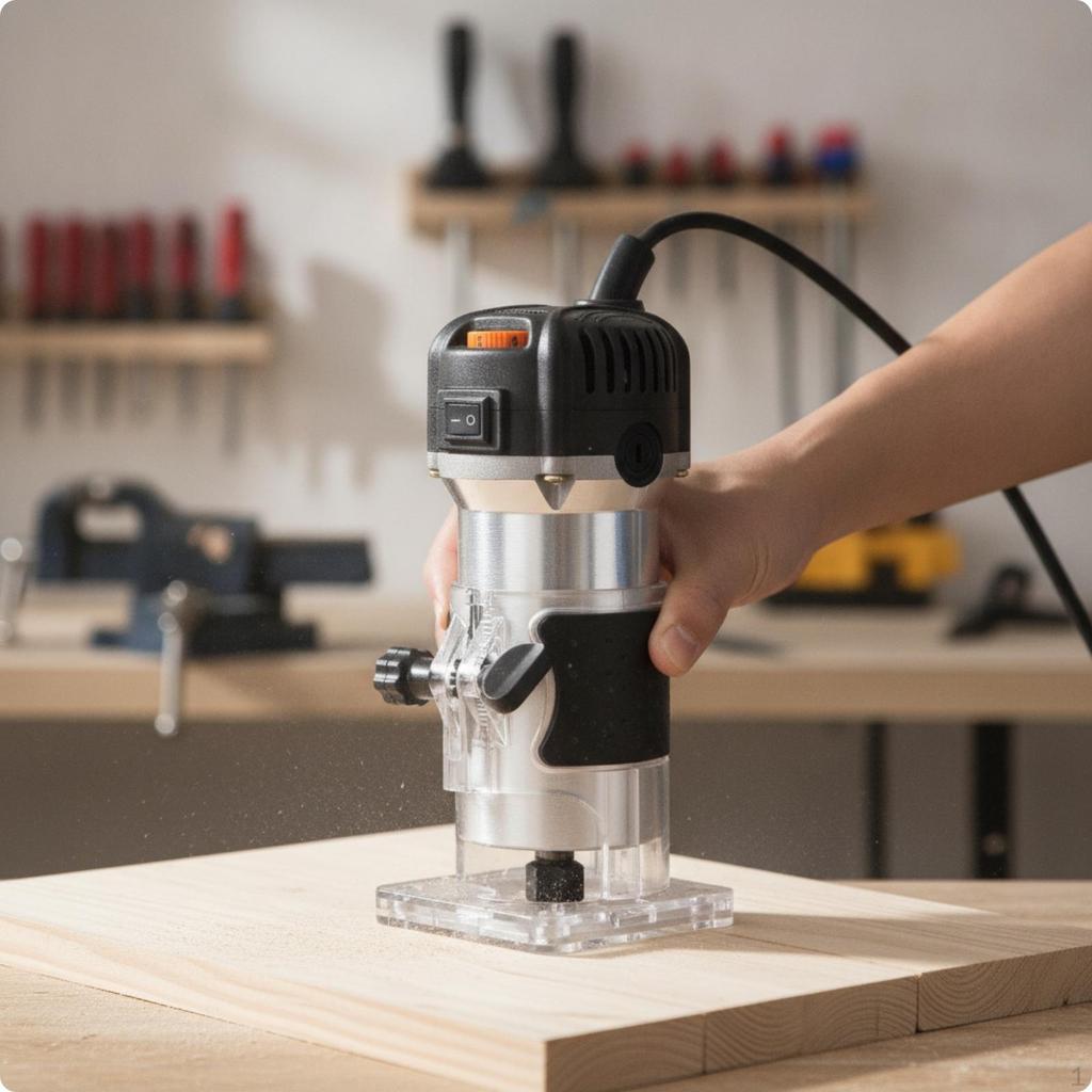 Variable Speed Electric Trim Router | Aluminum Body, Wood with Transparent Base, for