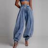 Calças Jeans Harem Soltas de Sarja com Zíper Cintura Alta Feminina Calças Balão Retrô Jeans Casual Feminino