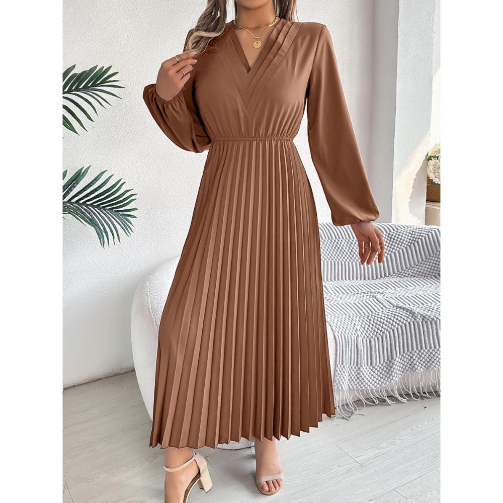 Autumn And Winter New Elegant Triple V-Neck Long Sleeved Waist Cinched Pleated Dress