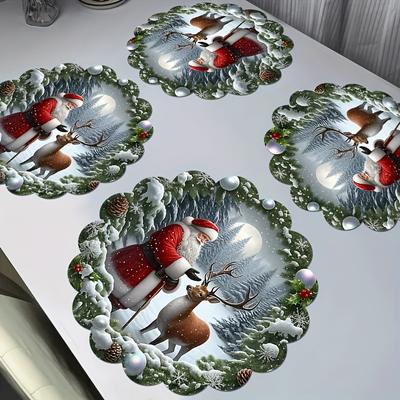 4pcs/6pcs Santa Claus & Reindeer Linen Placemats Set - Christmas Elements Such As Pine Branches, Snowflakes, And Colorful Balls Design - Warm And