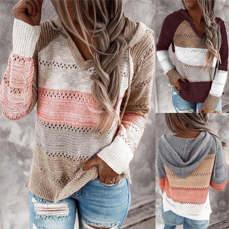 2026 Autumn Winter Women's Hooded Knit Sweater, Oversized Drop Shoulder Casual Pullover with Soft Yarn, Urban Street Style Top for Lounge Wear