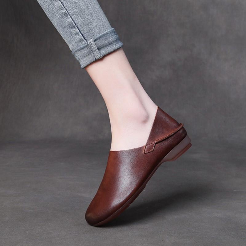 Johnature Genuine Leather Loafers Round Toe Soft Soled Versatile Soft Cowhide Women's Low Heeled Leisure Shoes