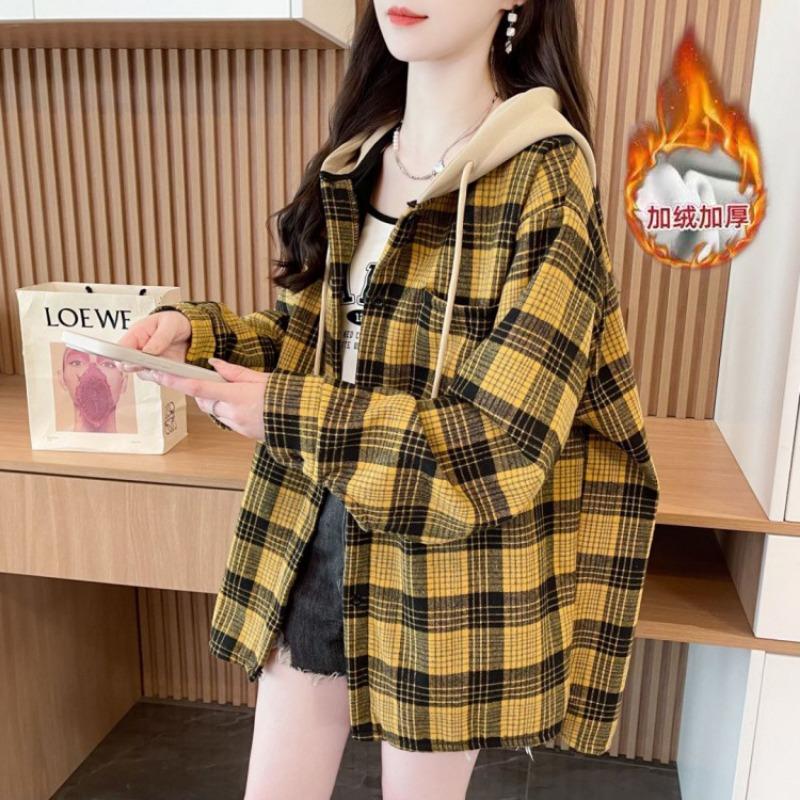 Autumn Winter Vintage Plaid Printing Patchwork Hooded Shirt Women Long Sleeve Loose Casual Cardigan Blouse Top