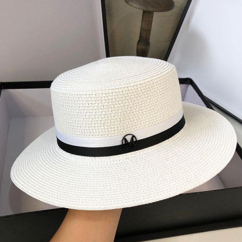 White Straw Hat Women's Flat-top Sun Hat, Letter Elegant Top Hat Women's British Seaside Vacation Sun Hat, Child Tide