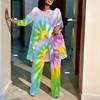 Women Plus Size Two Piece Coordinated Outfit Round Neck Three Quarter Sleeve Irregular Hem Top Printed Wide Leg Trousers