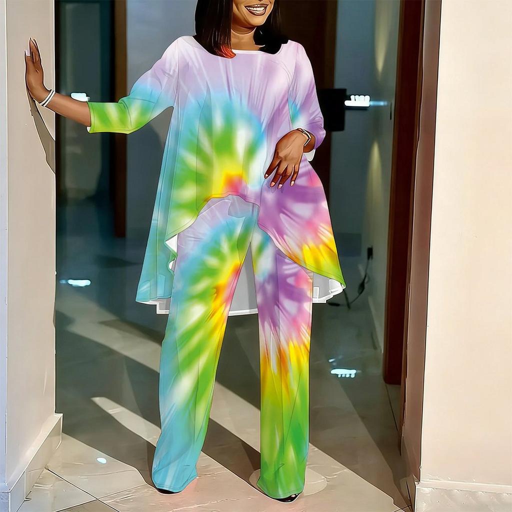 Women Plus Size Two Piece Coordinated Outfit Round Neck Three Quarter Sleeve Irregular Hem Top Printed Wide Leg Trousers