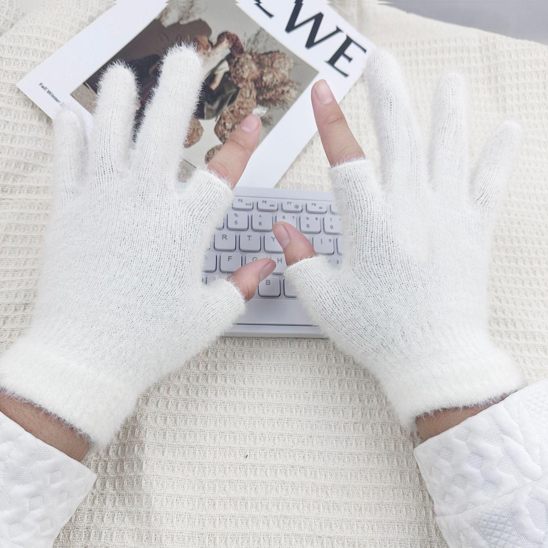 

Winter Two Finger Touchscreen Gloves Jacquard Plush Warm Knit Thick Student Half Finger Mittens One Size