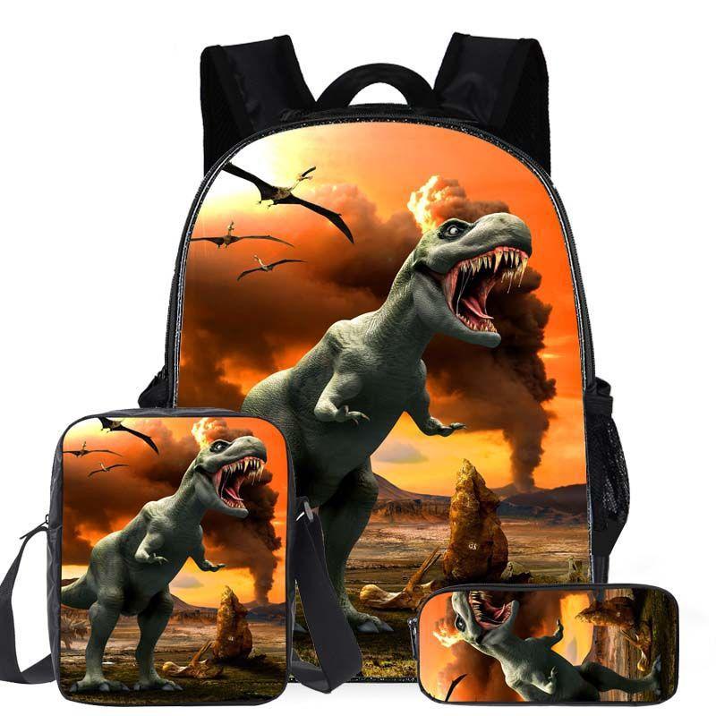 Klassischer Beliebter Cartoon Dinosaurier 3D Gedruckt 3tlg/Set Schüler Schultaschen Laptop Tagesrucksack Rucksack Schräge Umhängetasche Federmäppchen